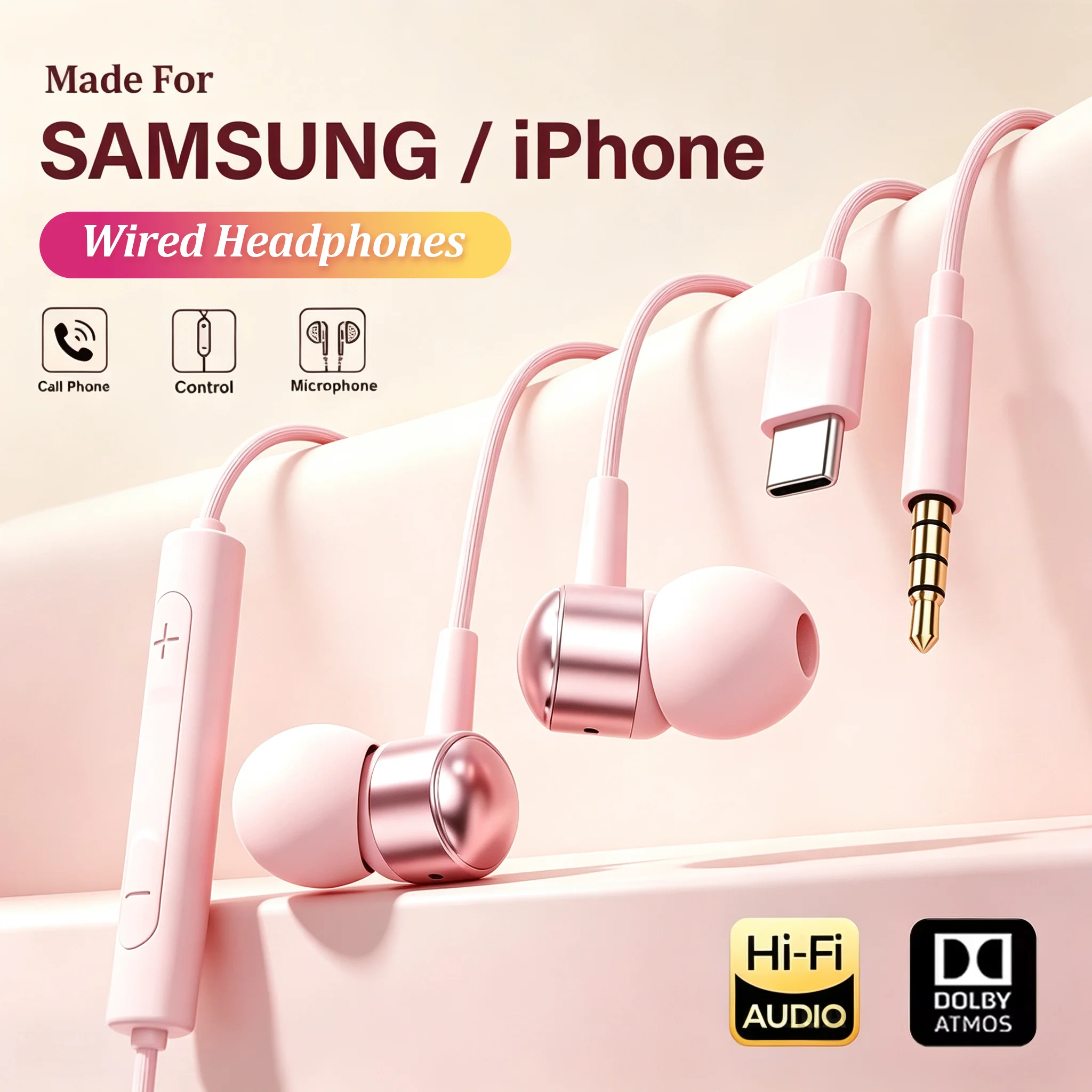 USB C Headphone HiFi Bass Stereo Volume Control Mic Type C 3.5mm Wired Earbuds For Galaxy S25 S24 S23 Ultra iPhone 16 15 Pro Max