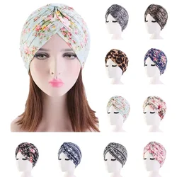 인도 터번 이슬람 여성 Hijab 꽃 인쇄 모자 암 Chemo 모자 이슬람 탈모 커버 비니 보닛 머리 스카프 Pleated