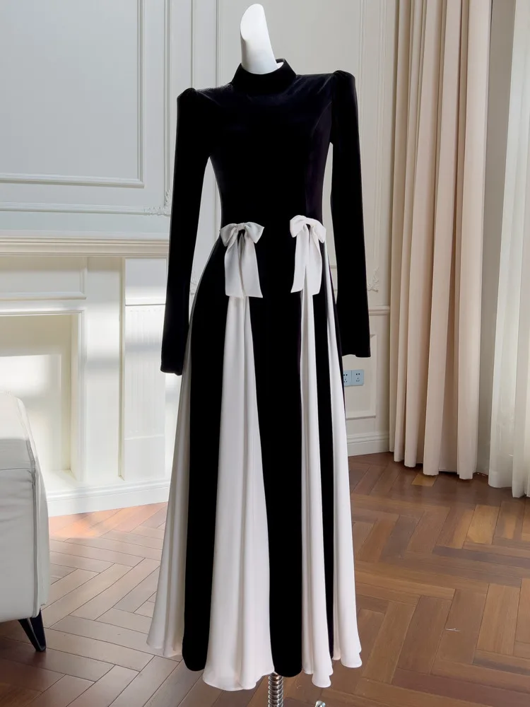 QMQA Fashion Women's Elegant Banquet Dresses Black White Splicing Velvet Long Sleeve Bow Big Swing Maxi Party Dress 2025 New