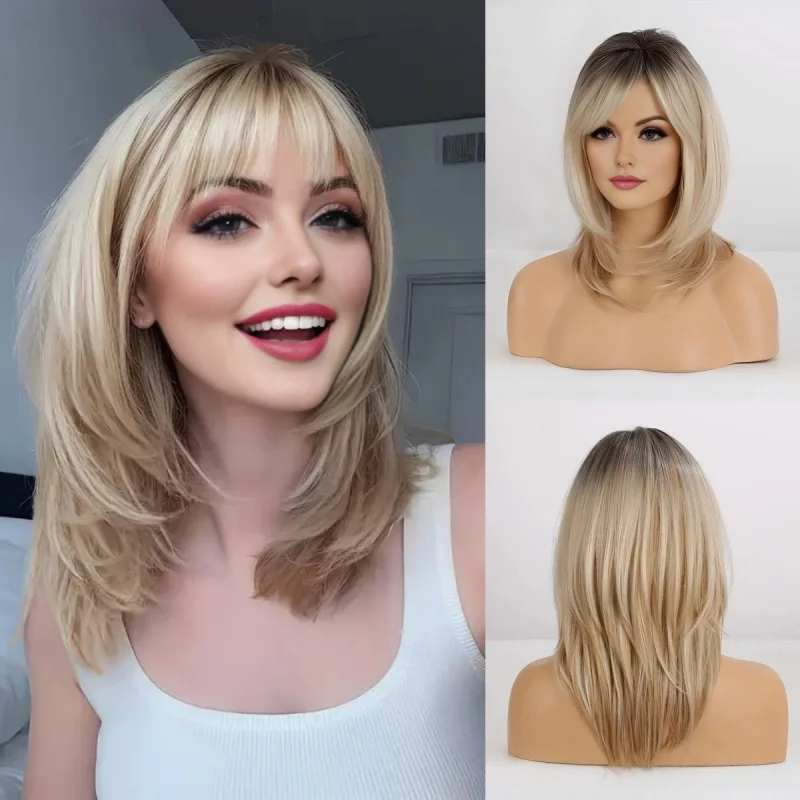 

European and American style medium-long straight hair with bangs, golden full-head wig suitable for women