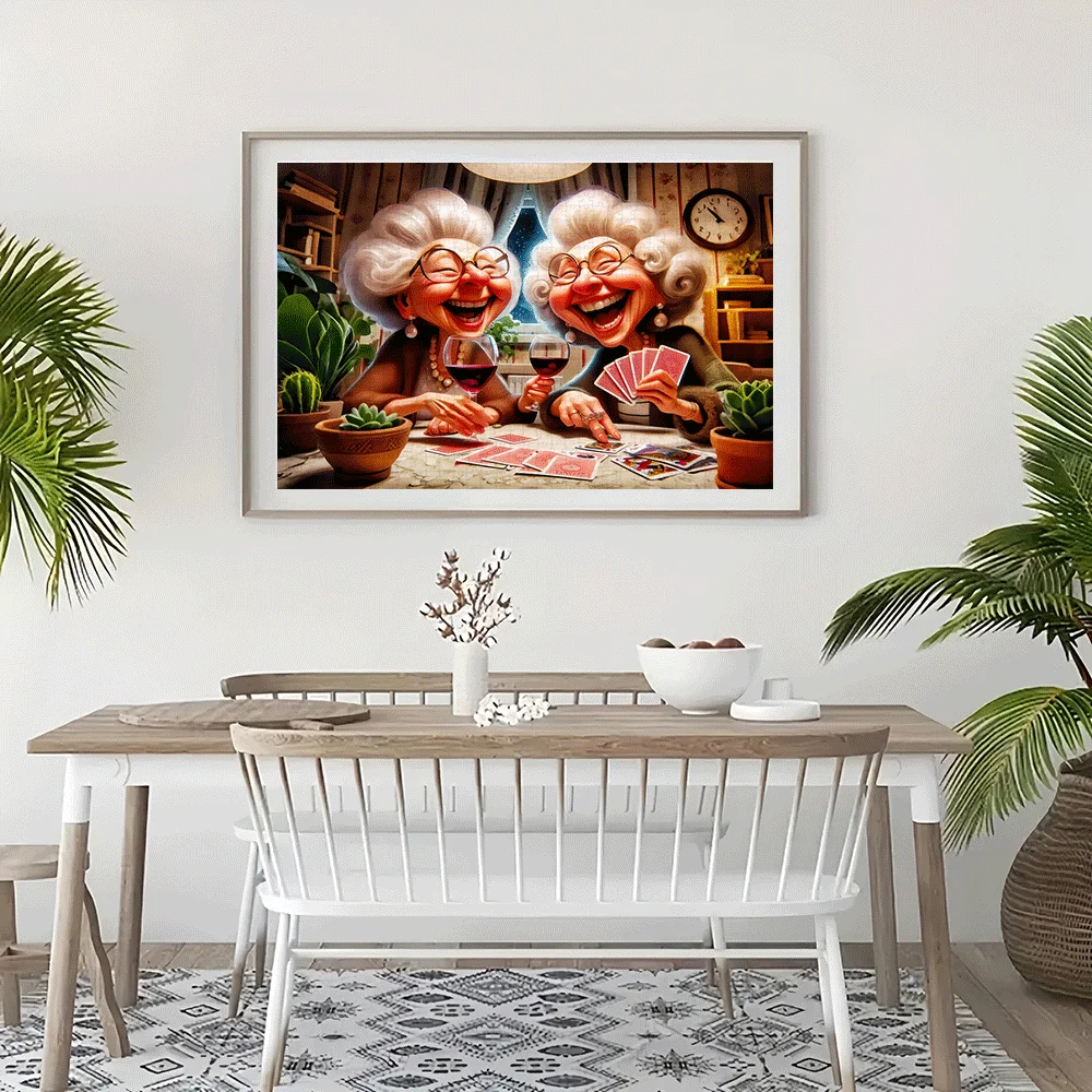 [만화 직소 퍼즐] 1000피스 대형 직소 퍼즐 - 만화 스타일 |   카드를 놀고 있는 노인 여성과 와인, 가족 상호작용 G