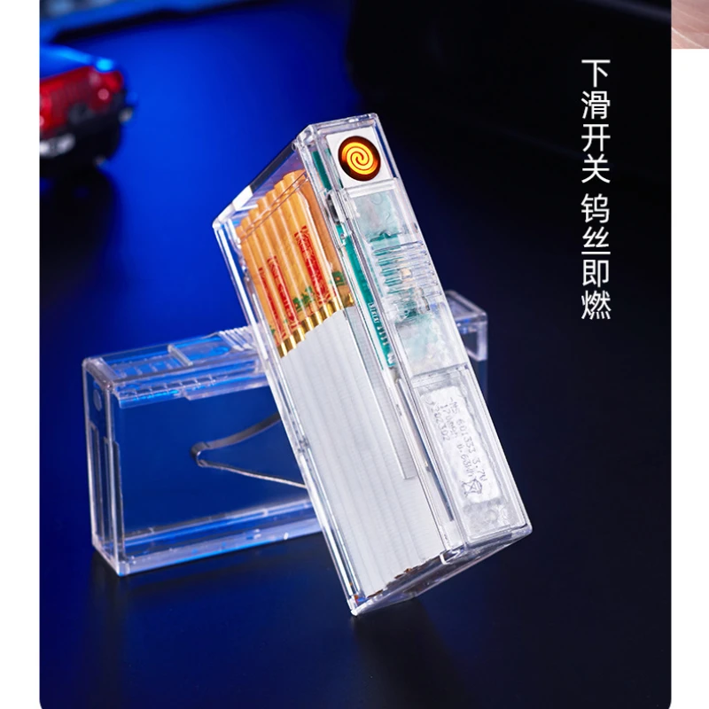 The New Transparent Cigarette Case with Tungsten Cigarette Lighter Automatic Ejection Fine Smoke 20 Sticks Best-selling Lighter