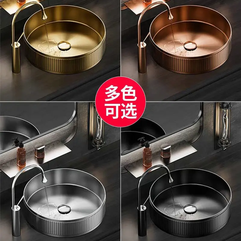 

Stainless steel countertop basin, bathroom circular washbasin, villa light luxury style art countertop basin, bar washbasin