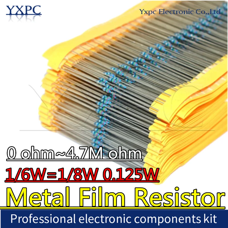 

100pcs 1/6W 1/8W 0.125W 1% Metal film Resistor 0R~4.7M 0R 2.2R 10R 22R 47R 51R 100R 150R 470R 1K 4.7K 10K 47K 1 2.2 10 22 47 100