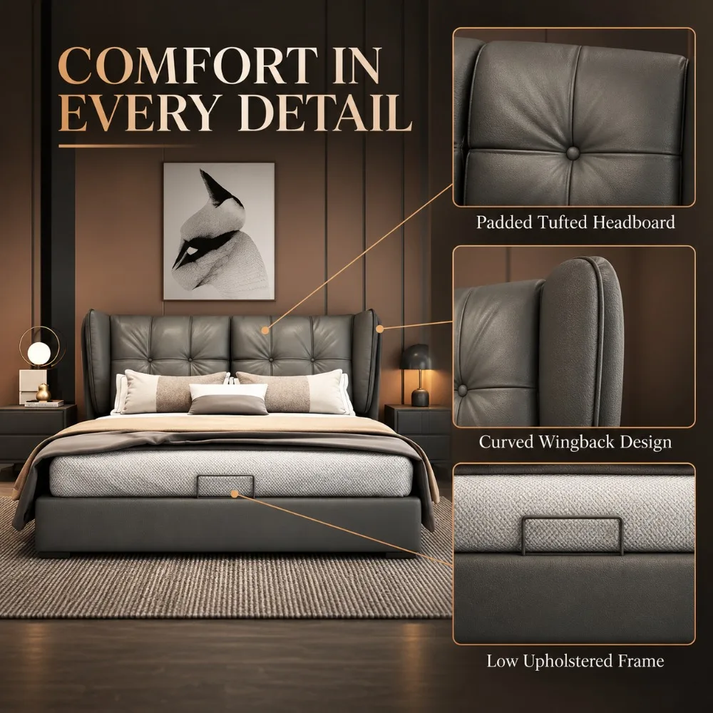 Nordic Italian Minimalist Extra Size Adjustable Bed Soft Genuine Leather Upholstery Solid Pine Frame Grey Art Bedroom Bed