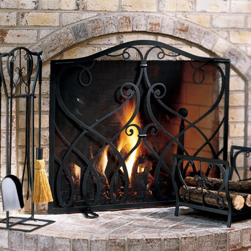 

European black wrought iron fireplace partition hollow screen fireproof fence with mesh new product wall metal fireplace iron fr