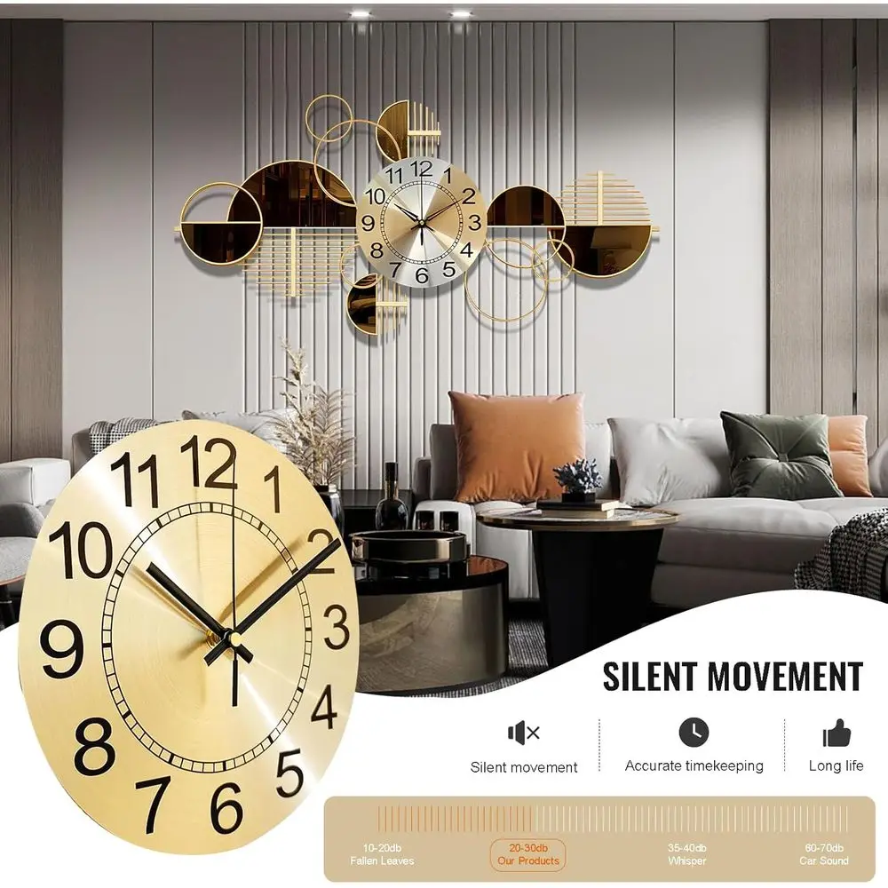 Reloj de pared de metal 3D contemporáneo, ticking silencioso, reloj de arte decorativo grande para el hogar, 34 x 17,7