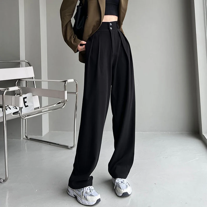 Lucyever Korean Office Loose Straight Women's Pants Fashion High Waist Wide Leg Pants for Women Black Gray Casual Suits Pants