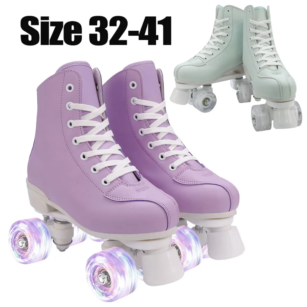 

pink purple women Kids Double Row Roller Skates Pink Purple Leather Breathable 4 wheel Sliding Skating Sneakers size 31 32 33 34