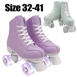 pink purple women Kids Double Row Roller Skates Pink Purple Leather Breathable 4 wheel Sliding Skating Sneakers size 31 32 33 34
