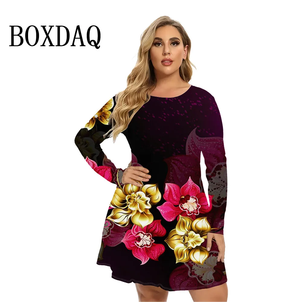 2024 Women's Dresses Autumn Winter Long Sleeve Flower Priint Dress Fashion Casual Ladies Loose Mini Dress Plus Size 9XL Vestidos