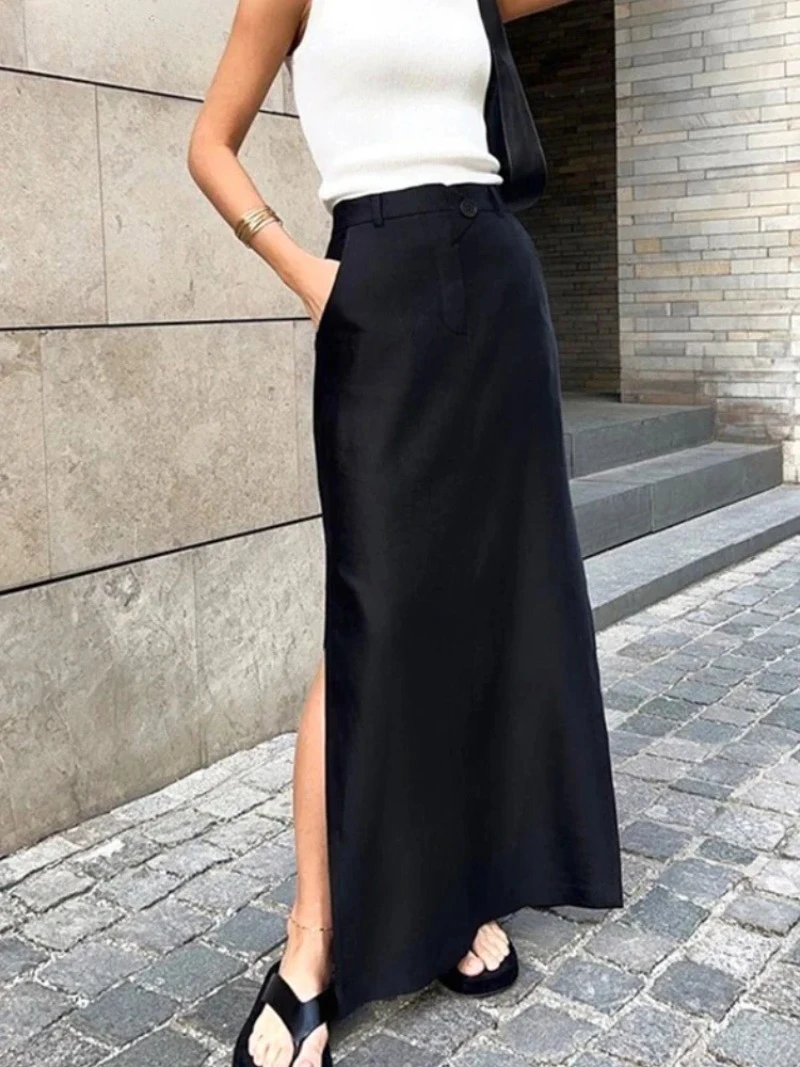 

2025 Women's Vintage Elastic Waist Buttons Skirts Summer Comfortable versatile Female Casual Cotton Black Split Long Skirts