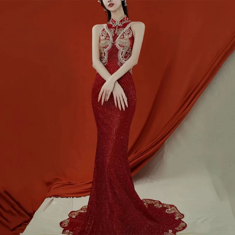 Chinese Lady Qipao Evening Party Dress Burgundy Sequins Mandarin Collar Banquet Dress Sexy Luxury Tailing Formal Party Dress