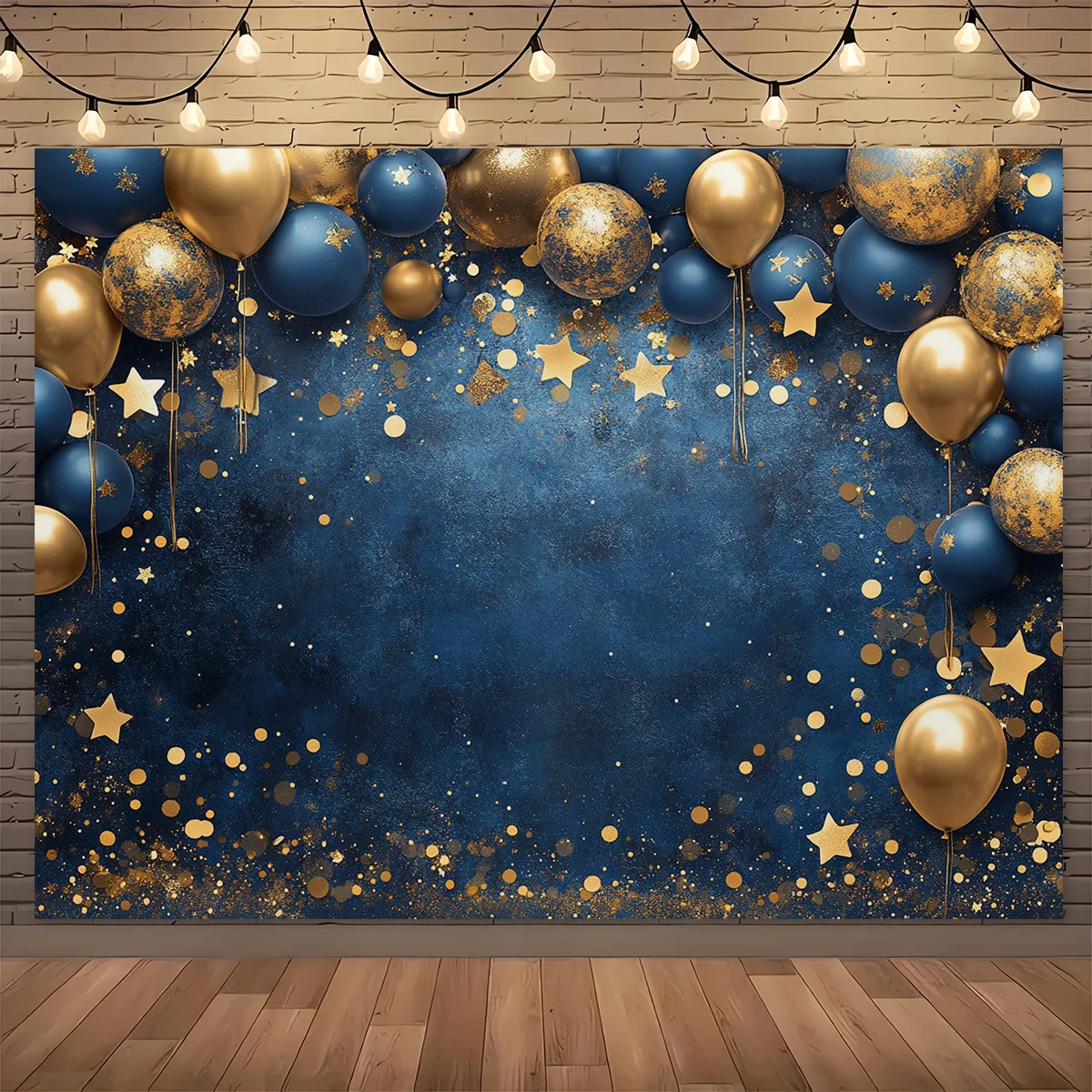 Ein eleganter Polyesterhintergrund mit blauen und goldenen Luftballons und Sternen, multifunktionale Dekoration für die Hochzeit