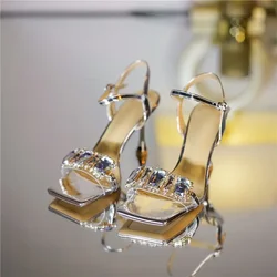 Sandały dla kobiet Open Toe Sexy Ladies Shoes with Strap Summer 2024 Rhinestones Footwear High Heels One Word Silver H Luxury Vip