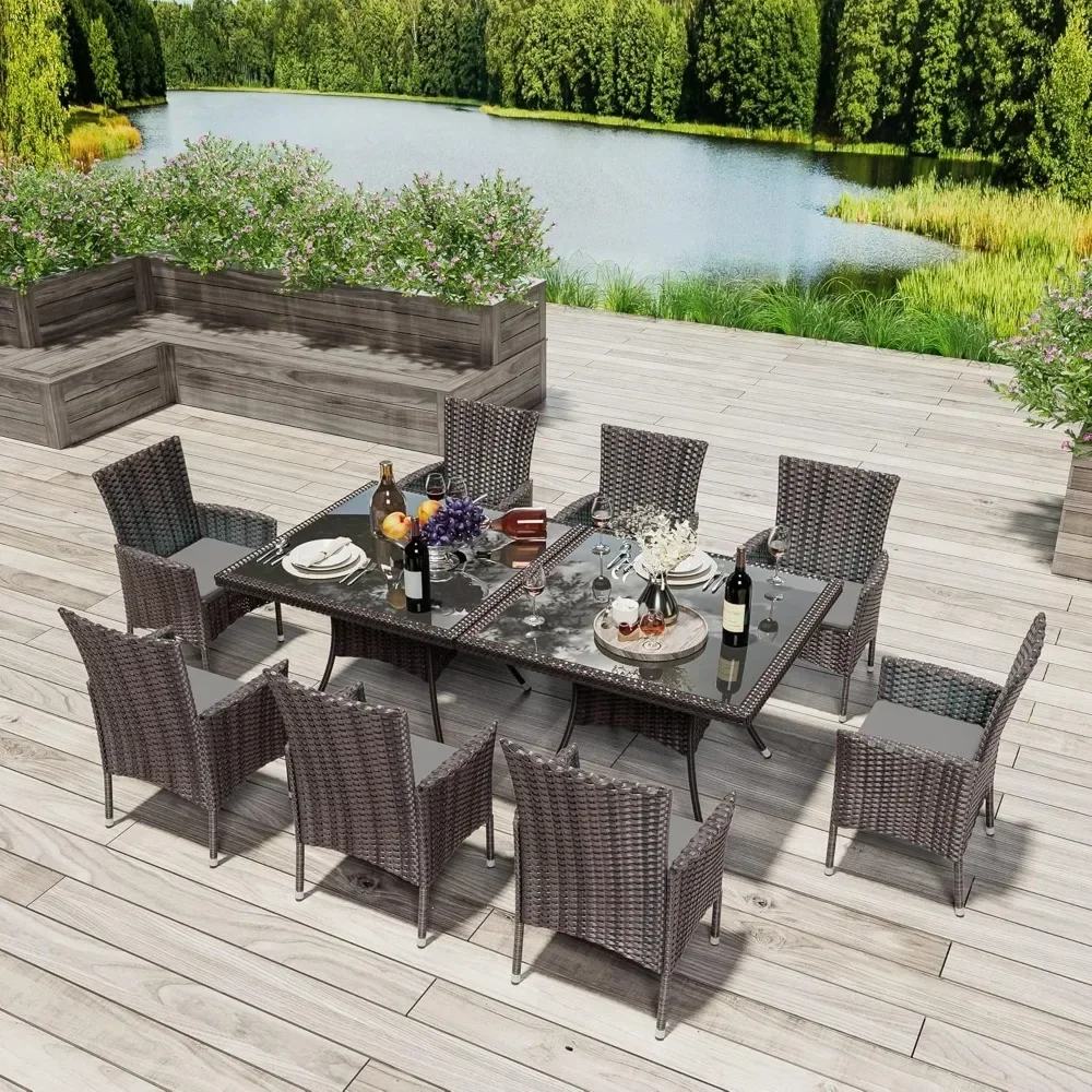 

10 Pieces Patio Dining Set, with 2 Square Glass Tabletops 8 Chairs with Grey Cushions, Outdoor Rattan Furniture Dinning Set