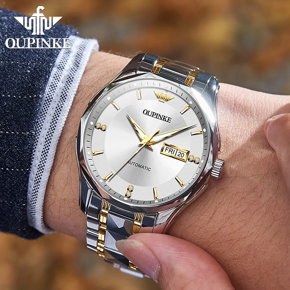 OUPINKE Marca Doppio Calendario Luminoso Orologi da Uomo Specchio Zaffiro Orologio Meccanico Automatico 50m Impermeabile Orologio da Uomo Originale