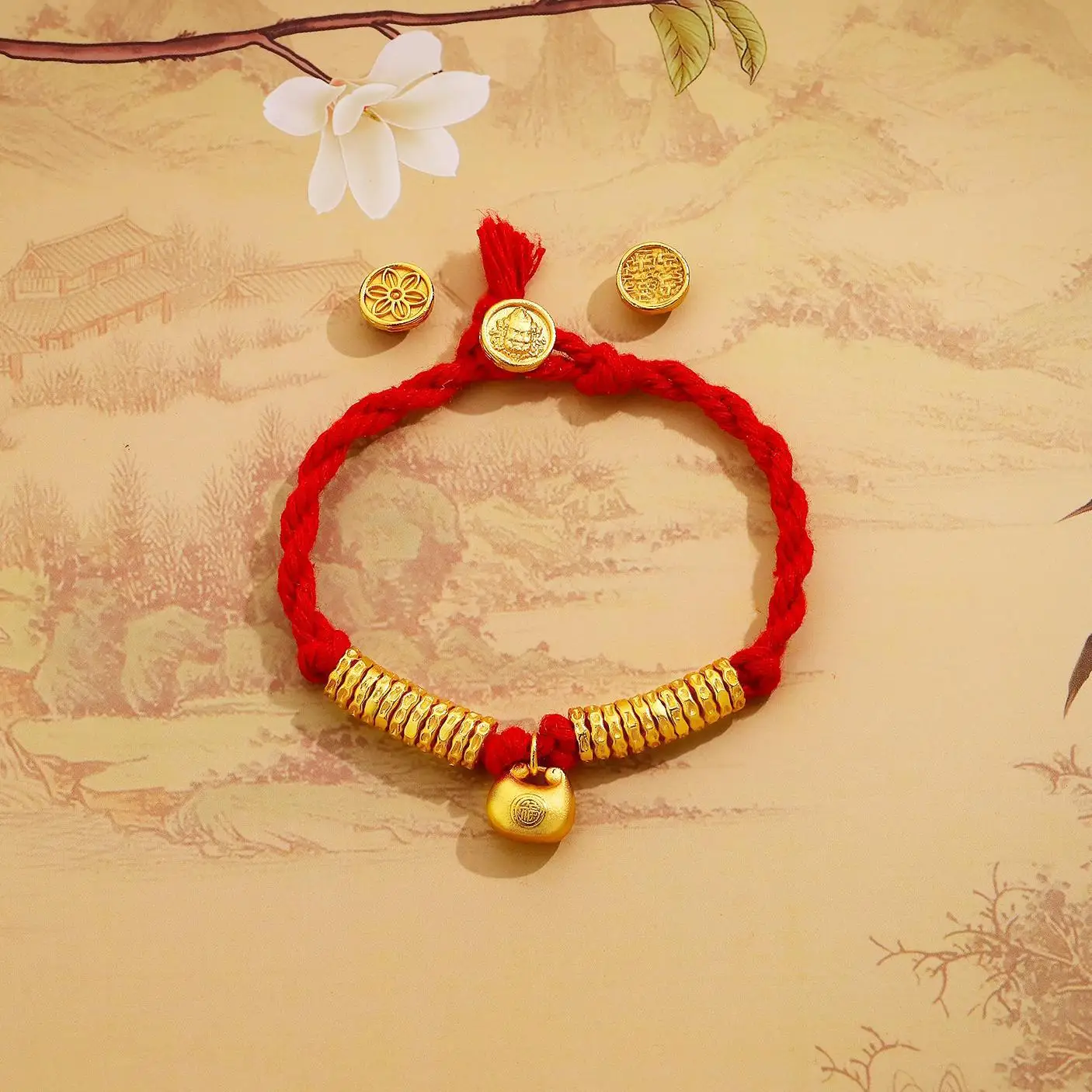 Pryna Jewelry   999 24K real gold small fat Fu coil wrapped hand rope women ancient fashion new niche design braided hand rope b