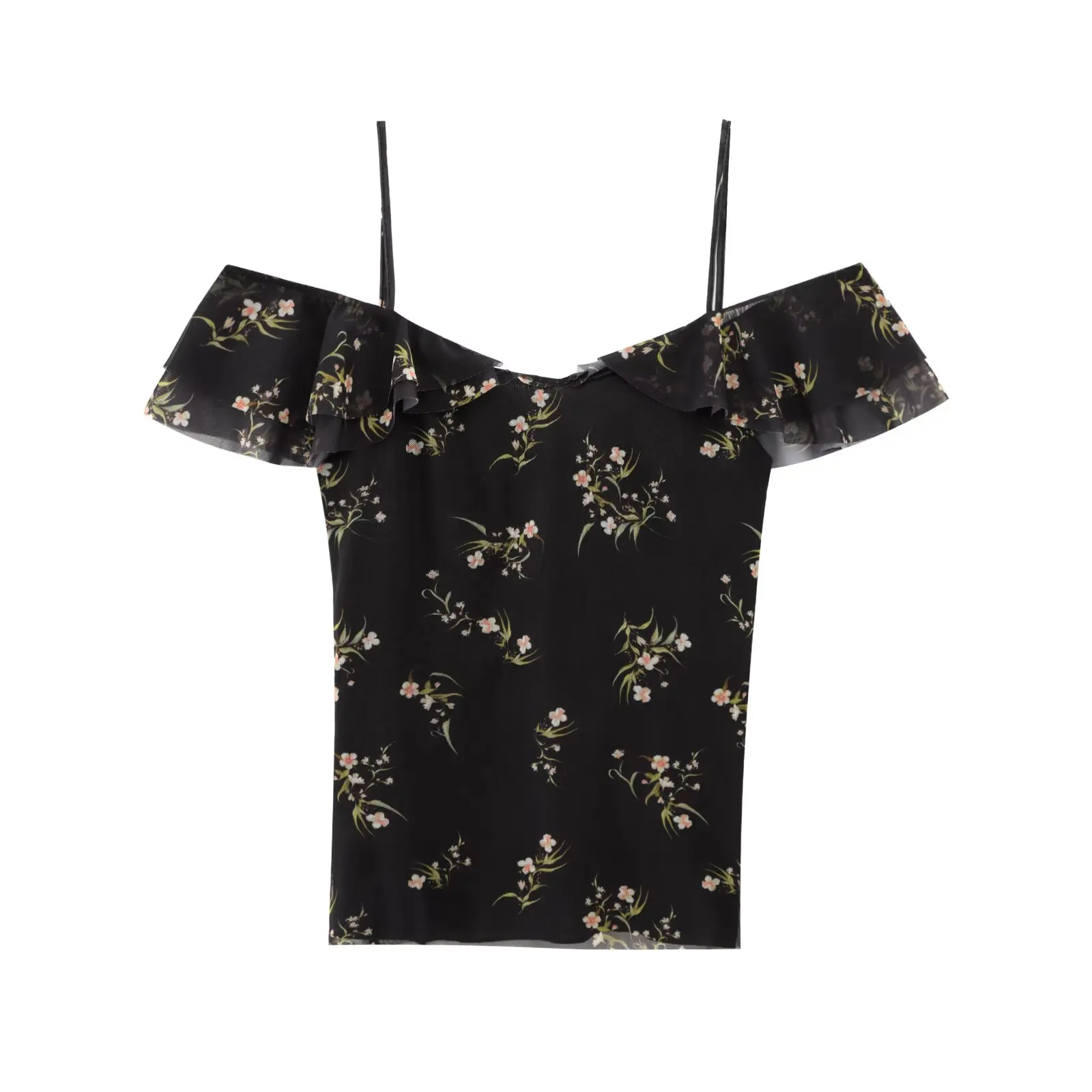 Dave&Di 2025 Summer Chiffon Shirt Women Fashion Sexy Off shoulder Ruffled Camisole Shirt For Women Blouse Tops