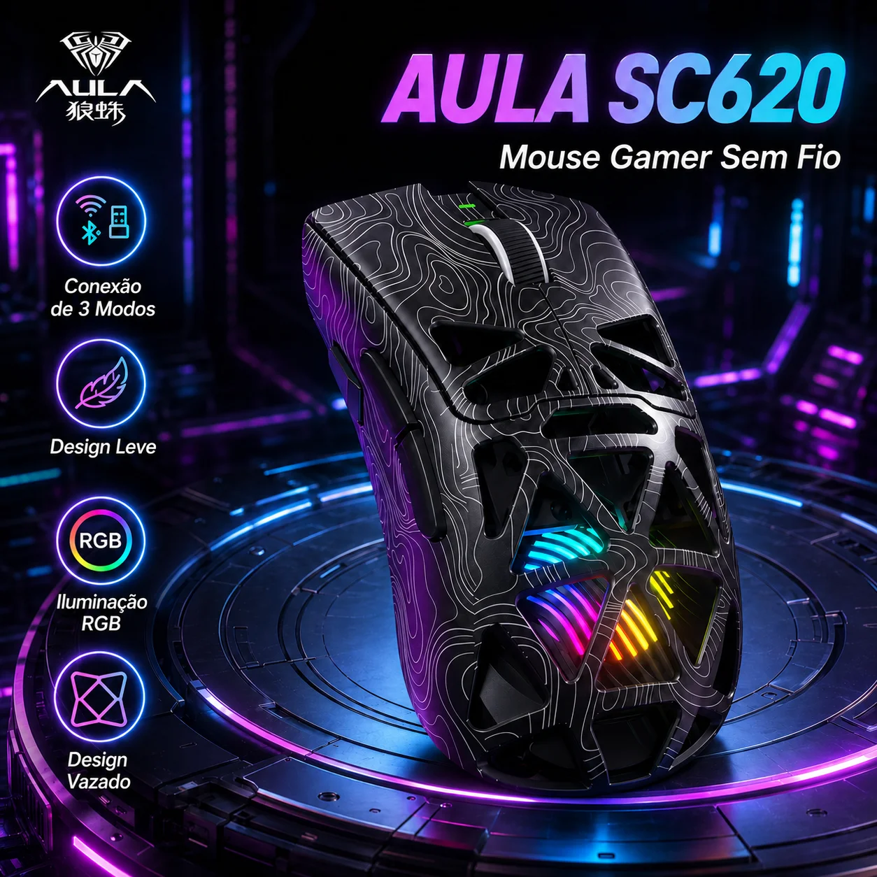Mouse Gamer Aula SC620 Sem Fio com Design Oco PAW3311 Tri-mode Bluetooth DPI Ajustável para Desktop e Laptop