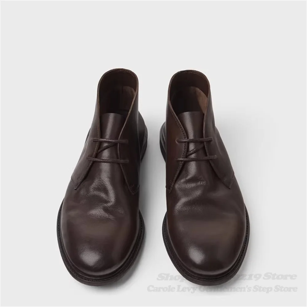 Brown Soft Cowhide Short Boots Round Toe Trendy Casual Leather Shoes Solid Color Comfortable Lace Up Handmade High Top Shoes