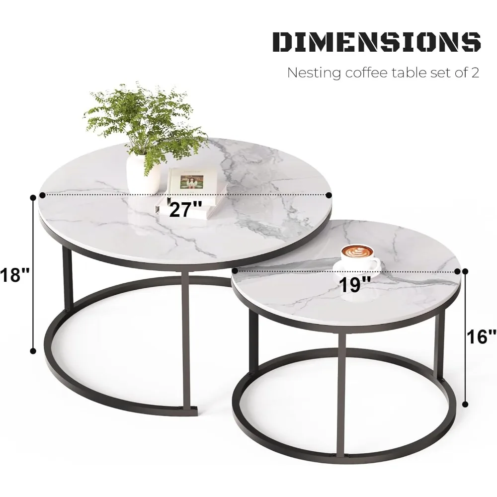 طاولات القهوة البيضاء المتداخلة - تصميم حديث مع قمصان حجرية ملبدة وإطارات معدنية لمساحات المعيشة #2