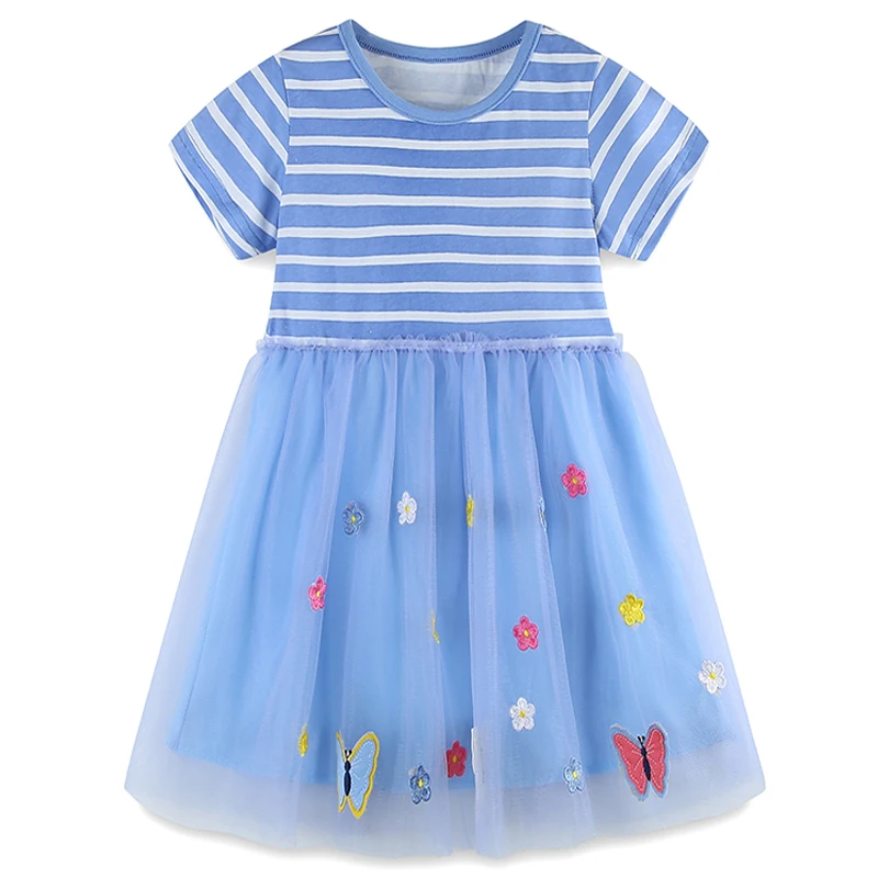 Summer Girls Dress Butterfly Flower Embroidery Princess Striped Tulle Dresses Party Birthday Kids Dresses