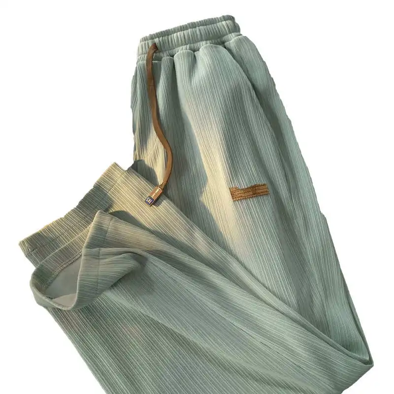 

Summer Ice Silk Loose Fit Casual Pants Men's Elastic Waist Thin Sle Long Trousers for ex plus Size High Elastici