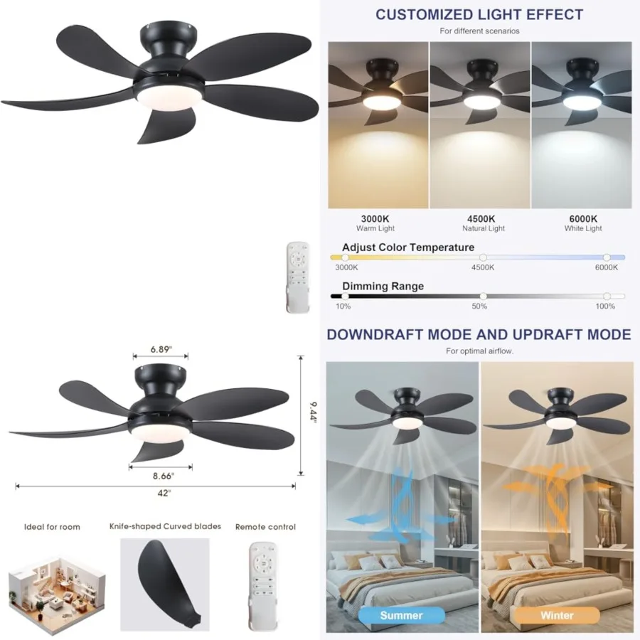 

42" Low Profile Ceiling Fans with Lights and Remote, Small Flush Mount Ceilg Fans with Quiet Reversible DC Motor, Dimmable 3 CC