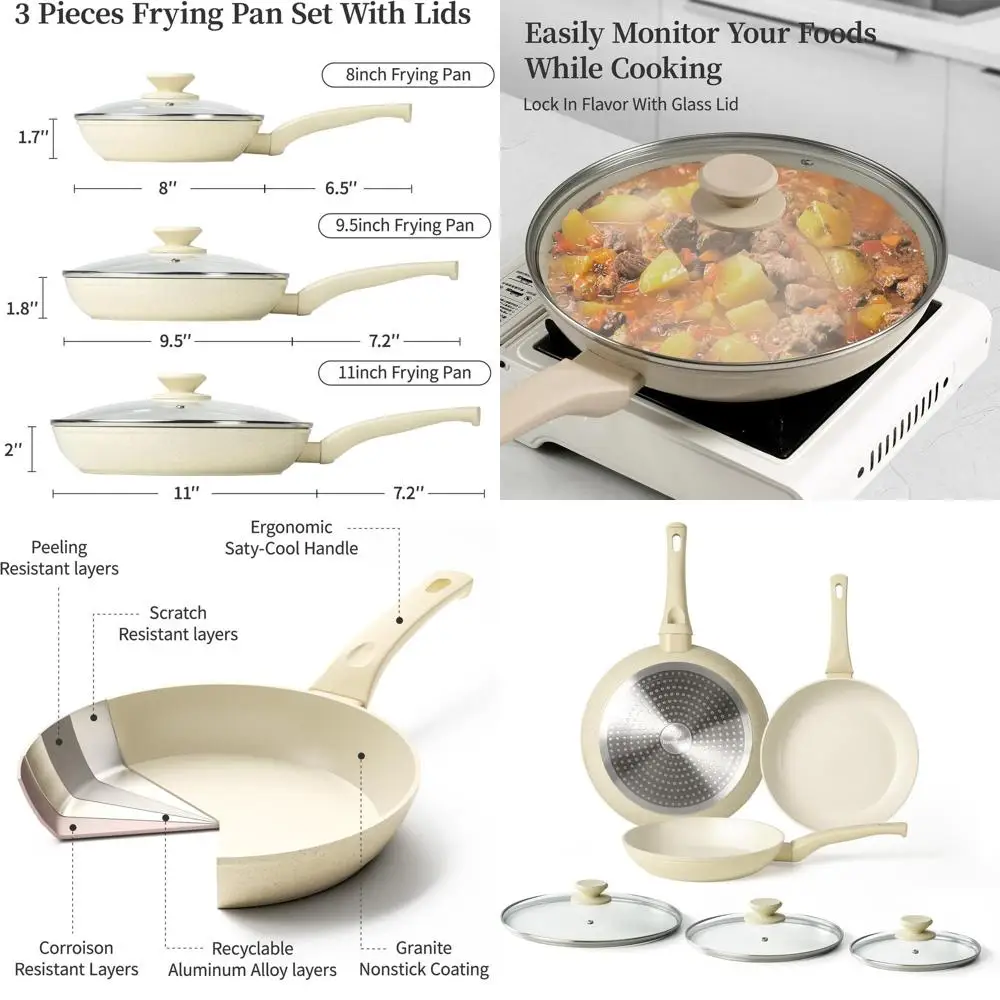 

3-Piece Nonstick Induction Cookware Set: Skillets & Frying Pans with Lids, Healthy, PFOA-Free