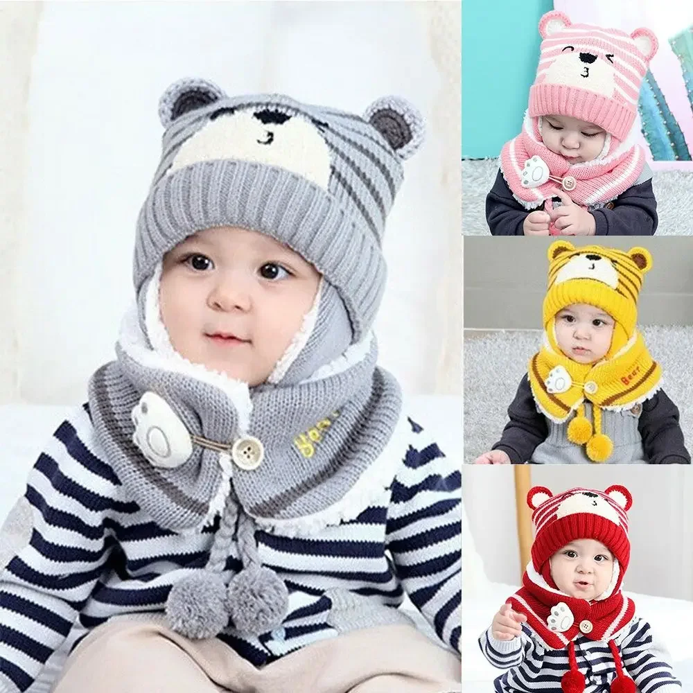 Warm Toddler Baby Winter Boys Girl Neck Scarf Baby Beanie Cap Kids Hat Scarf Set Bear Earmuff