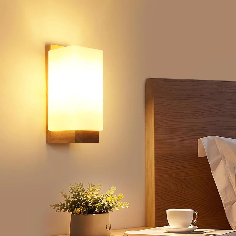 Nordic Wood Wall Lamps with Glass Shade Home Indoor Decor Sconce Bedside Lamp Modern Led Wall Light Night Lights Fixtures E27 view 4