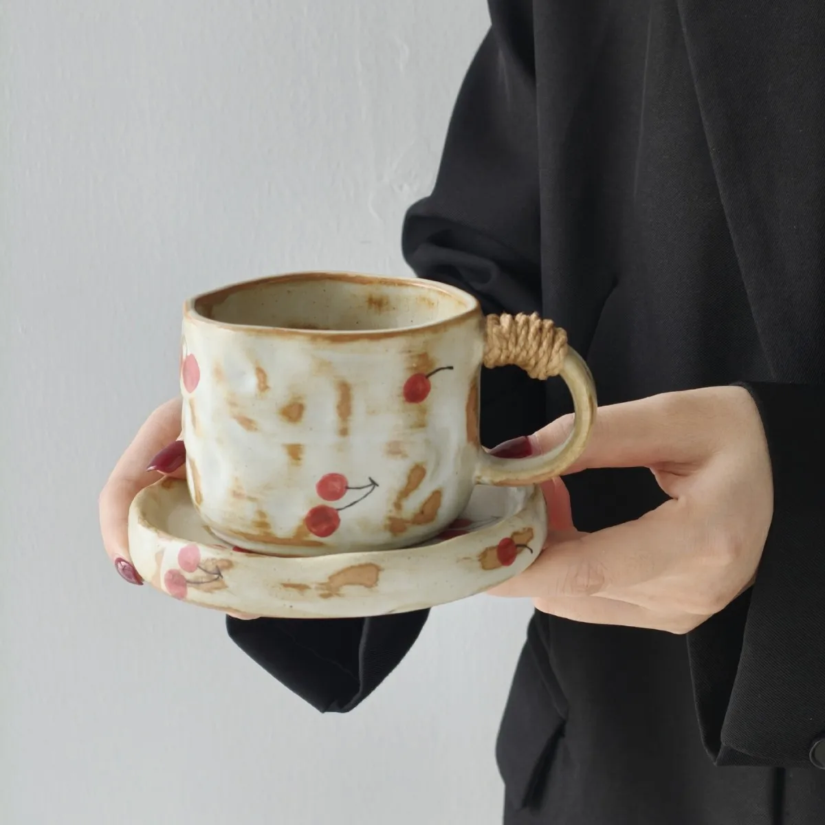 كوب قهوة من السيراميك بنمط الفراولة الكرتونية مع كوب إفطار من البورسلين مع مقبض #6