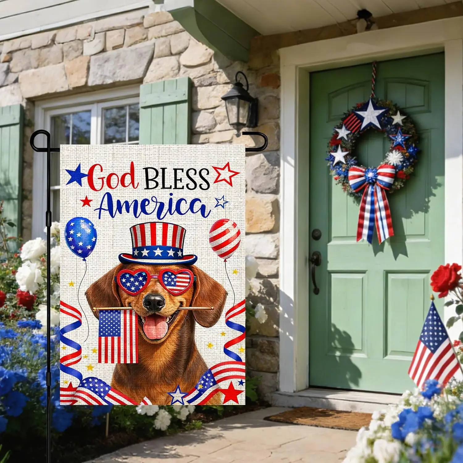 IVN Patriotic Dog God Bless America Garden Flag 12x18 Burlap God Bless America Heart Sunglasses Top Hat Holding Flag Balloon jjp