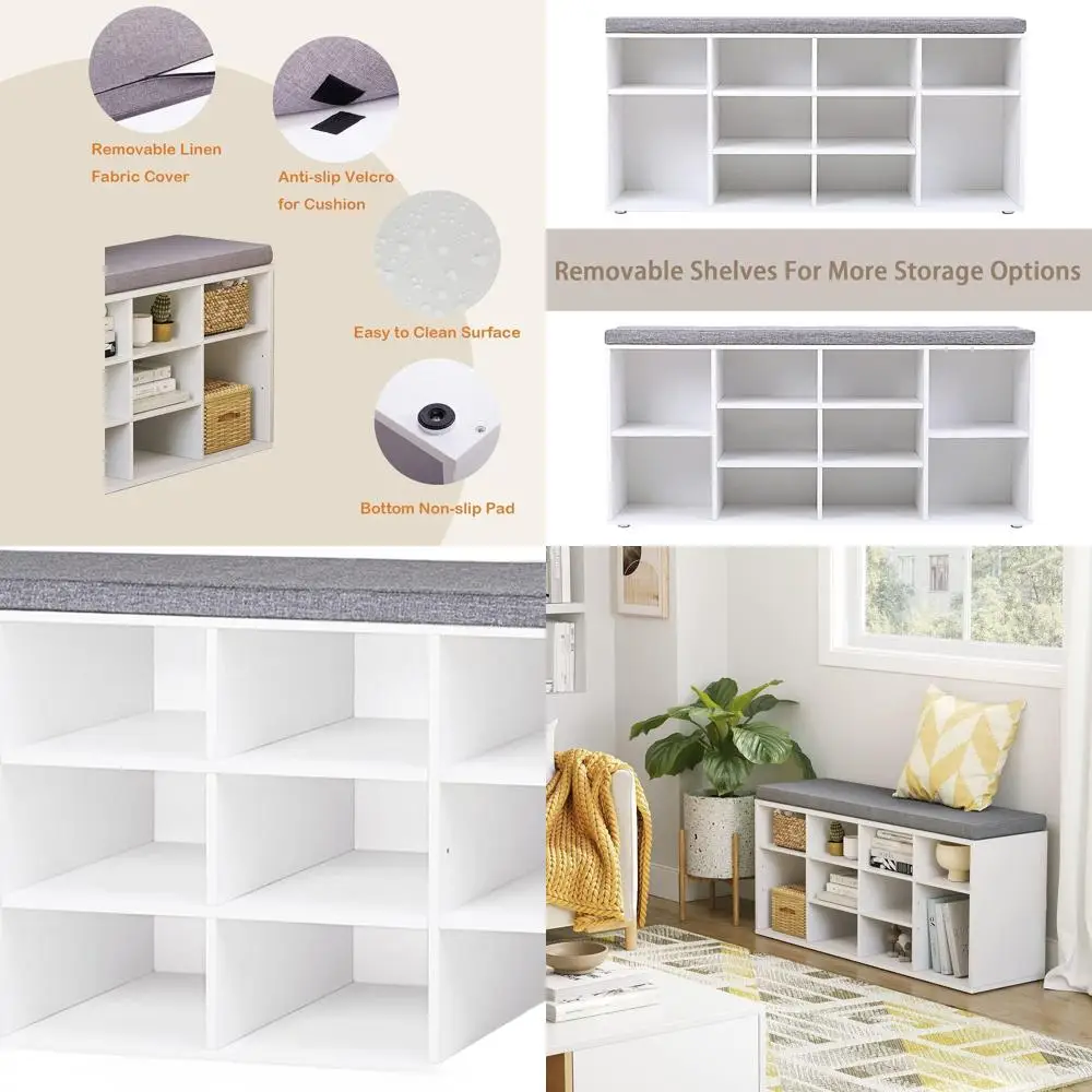 

Multifunctional White Shoe Storage Bench with Cushion and 12 Cubby Racks for Entryway, Mudroom, and Closet