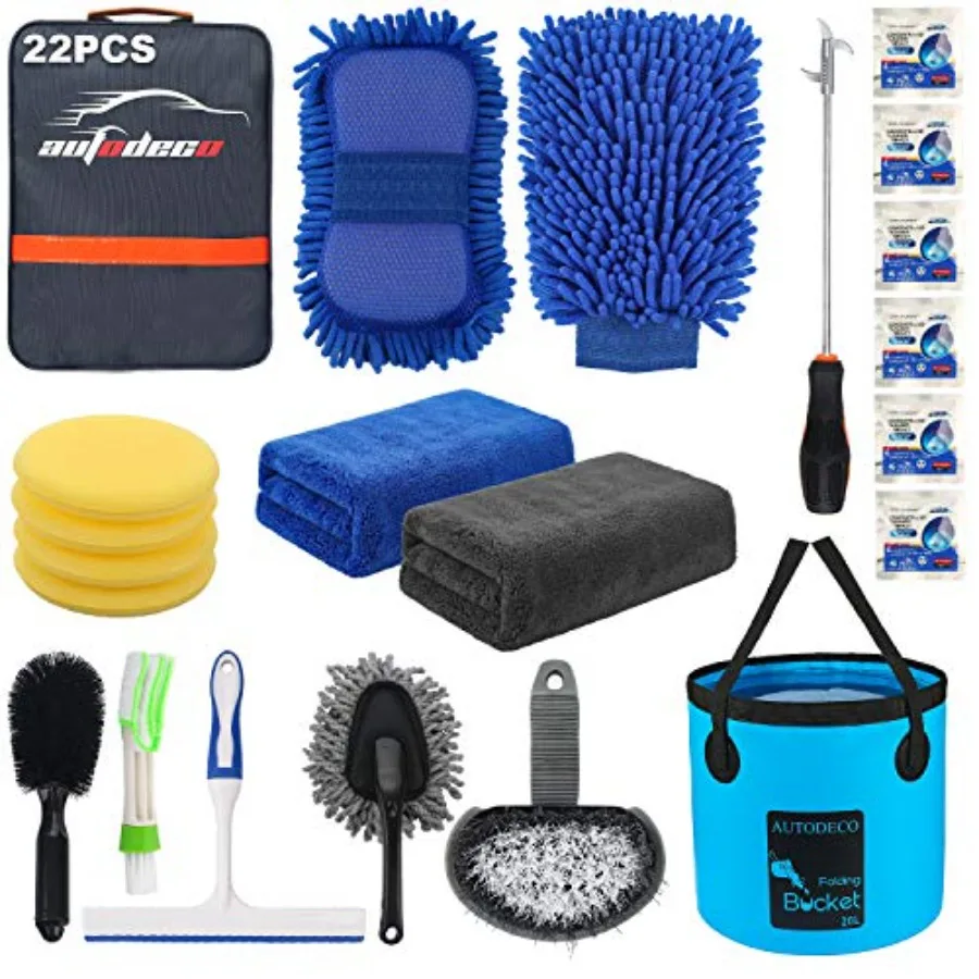 

22Pcs Car Wash Cleaning Tools Kit Car Detailing Set with Canvas Bag Collapsible Bucket Wash Mitt Sponge Towels Tire Brush Windo