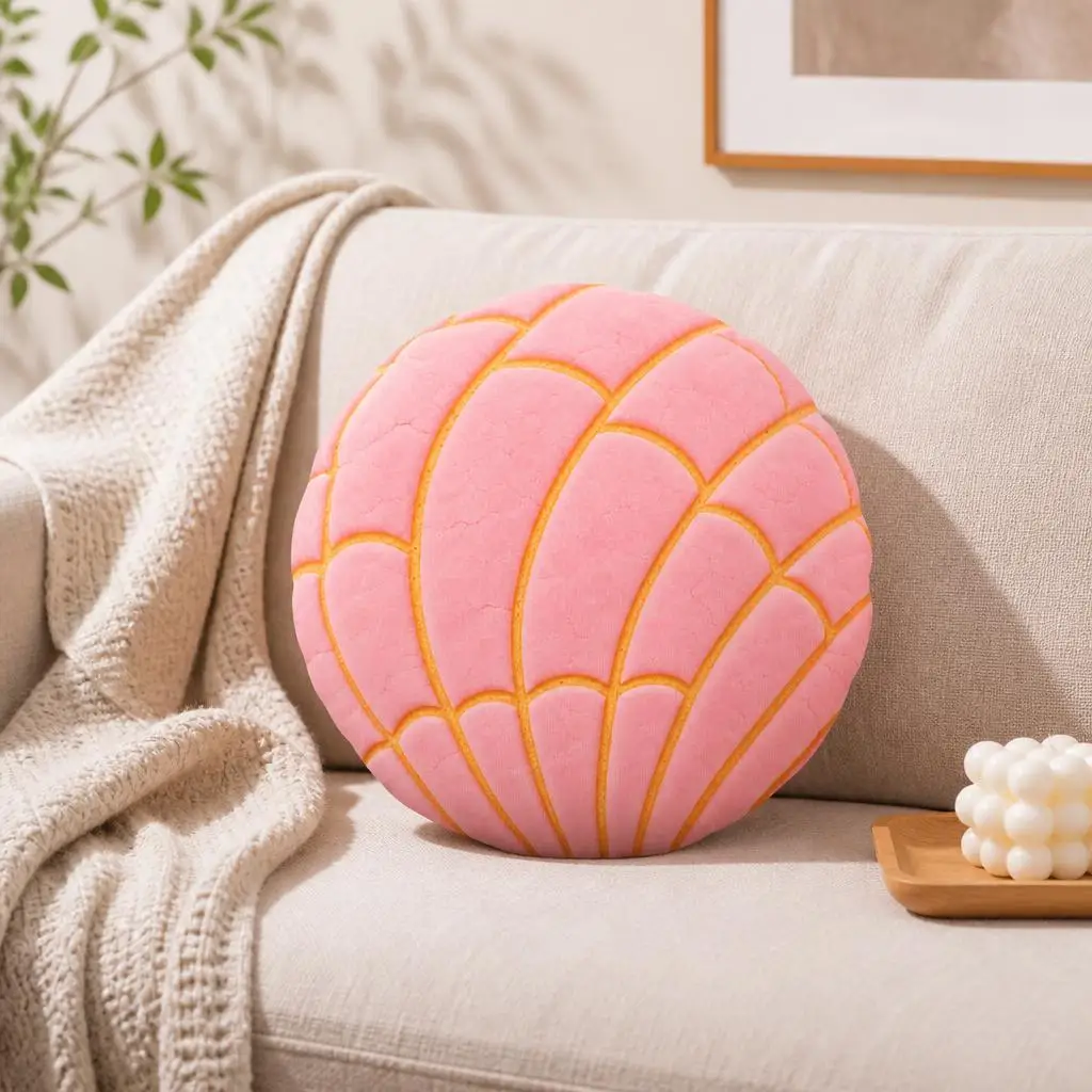 Mexican Concha Bread Plush Pillow Pink Pan Dulce Bakery Cushion Irregular Stuffed Round Throw Pillow for Sofa Home Decor Gift