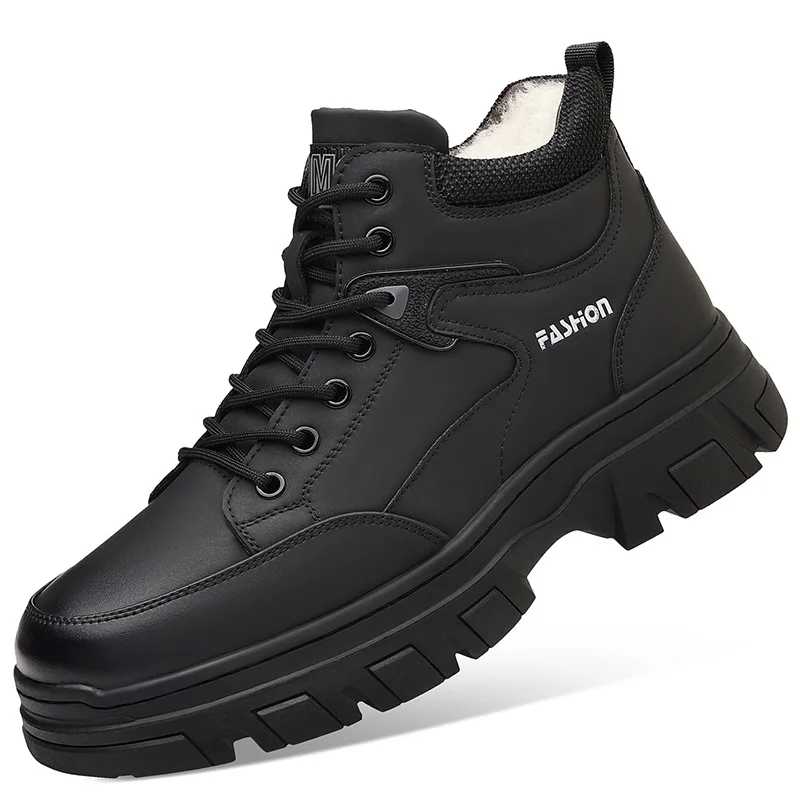 

Winter New Designer Leather Boots for Men Fashion Casual Solid Color Keep Warm Cotton Shoes Male Lace Business Platform Boot Man