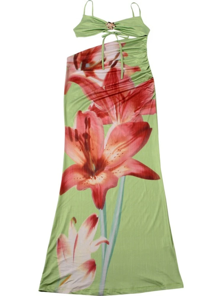 Foamlina 여성 2026년 신상 여름 플로럴 프린트 맥시 드레스 섹시한 스파게티 스트랩 민소매 컷아웃 슬림 홀리데이 비치 파티 드레스