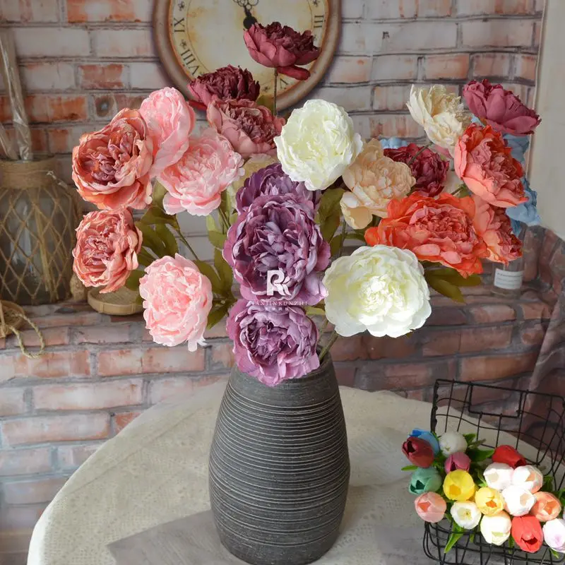 

Simulated peony flower 3 heads China-Chic peony withered color peony scorched edge autumn wedding home decoration