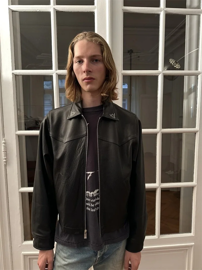 

Youthful Energy Sle Embroidered Jaet Men's Leather Coat Loose Fit Long Sve Zipper Closure Color Casual Autumn Wear