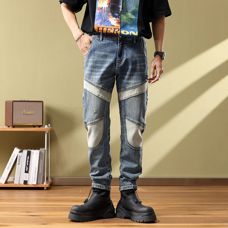 High quality jeans men's patchwork slim fitting small straight leg pants heavy-duty embroidered pants mens cargo jeans clothing