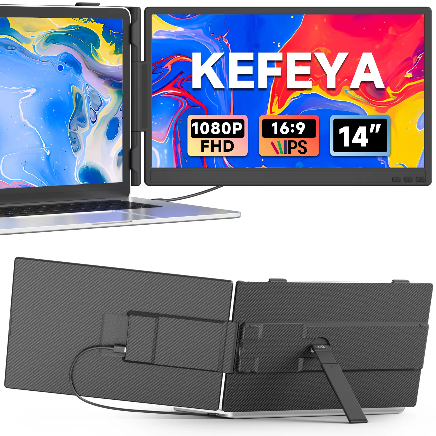 KEFEYA KX2 14 inch laptopbeeldschermvergroter, FHD 1920*1080 IPS draagbare dubbele monitor, 100% sRGB, 60Hz, 226 °   Draaibaar, Type-C- en HDMI-aansluiting, compatibel met Windows, Mac, Linux, PS5 en