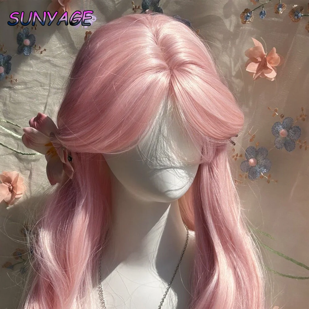 SUNYAGE Ashely Pink Wig for Women Long Wavy Cosplay Wigs Natural Soft Sweet Synthetic Wig for Daily Use School Life Lolita Wig P image 5
