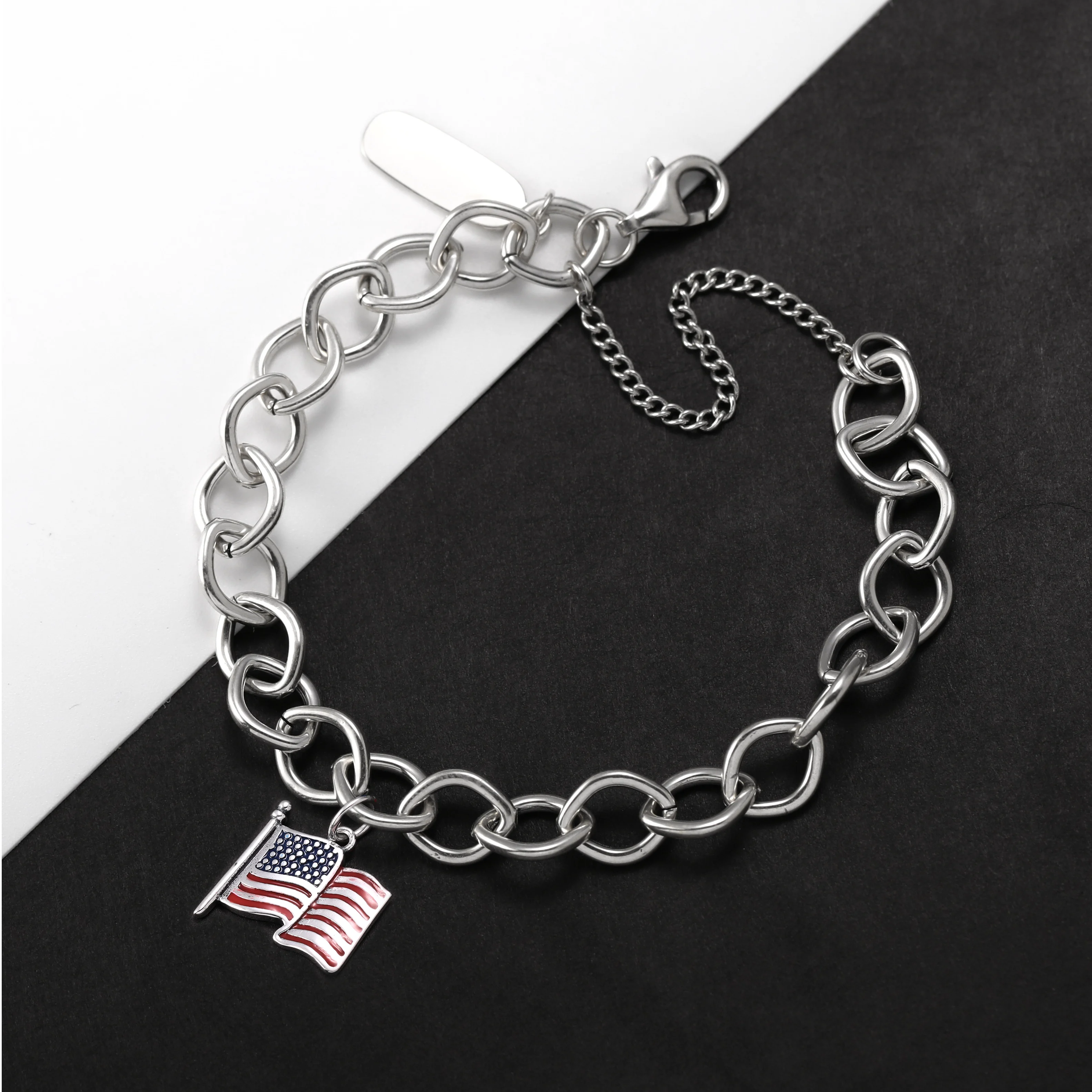 

Genuine 925 sterling silver Forged Link Charm Bracelet paired with an enamel American flag pendant