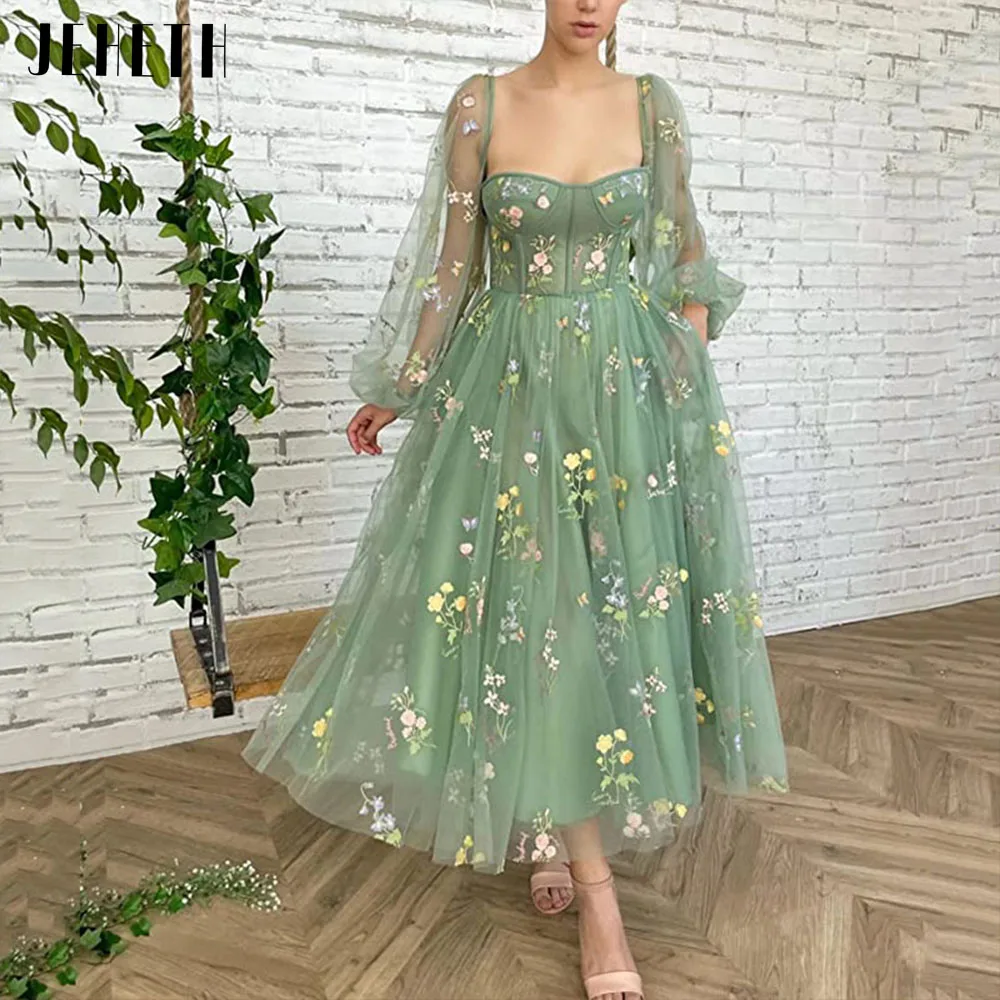 

JEHETH Green Embroidered Lace Prom Dress Pastoral Puff Sleeves Sweetheart A Line Backless Evening Gown Tulle Ankle Length فساتين