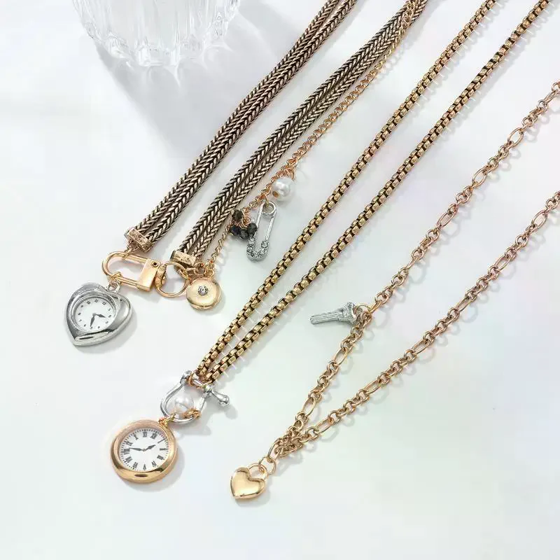 Fashion Pin Button Key Heart Pendant Necklace for Ladies; Bohemian Multi-layered Clavicle Chain Jewelry Accessory
