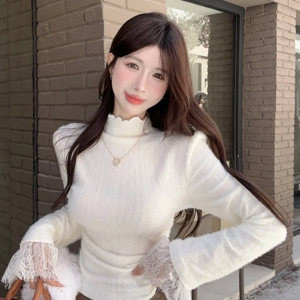 

Осенне-зимний кружевной вязаный свитер, деревянный с высоким воротником, мягкая пухлая утягивающая основа irt, женская мода