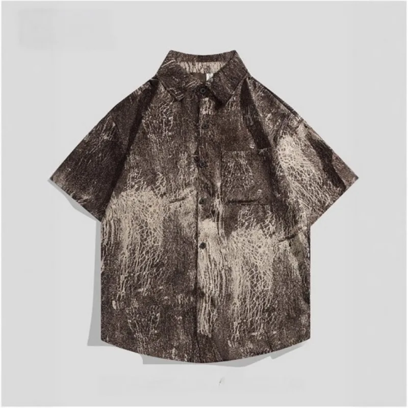 

Vintage Tie Dye Washed Ice Silk Short Sleeve Shirt Men Loose Fit Casual Button Down Blouse Summer Tops