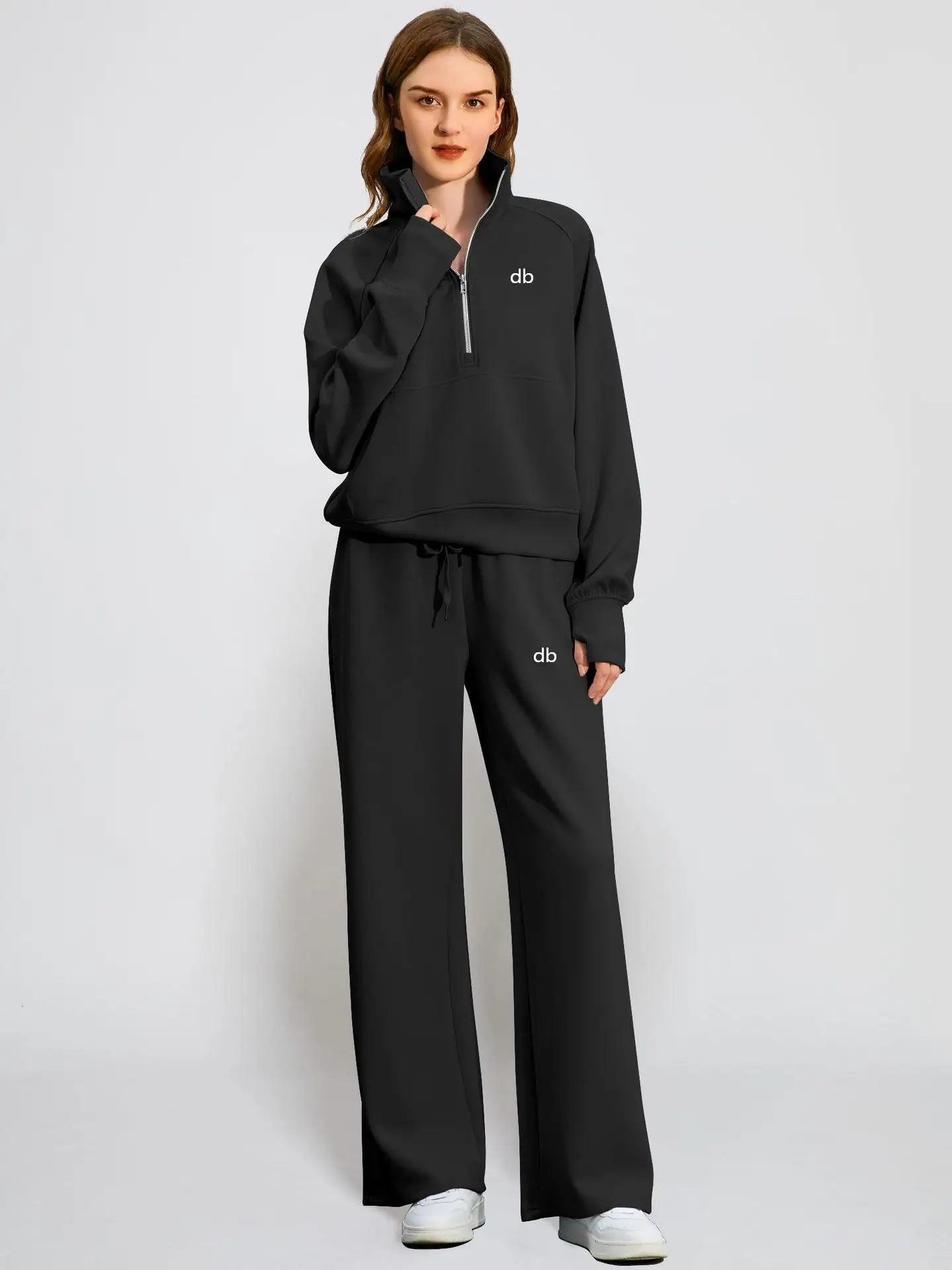 2026 new casual women's fashion retro two-piece set includes a stand up collar zipper sweatshirt and wide leg sweatpants